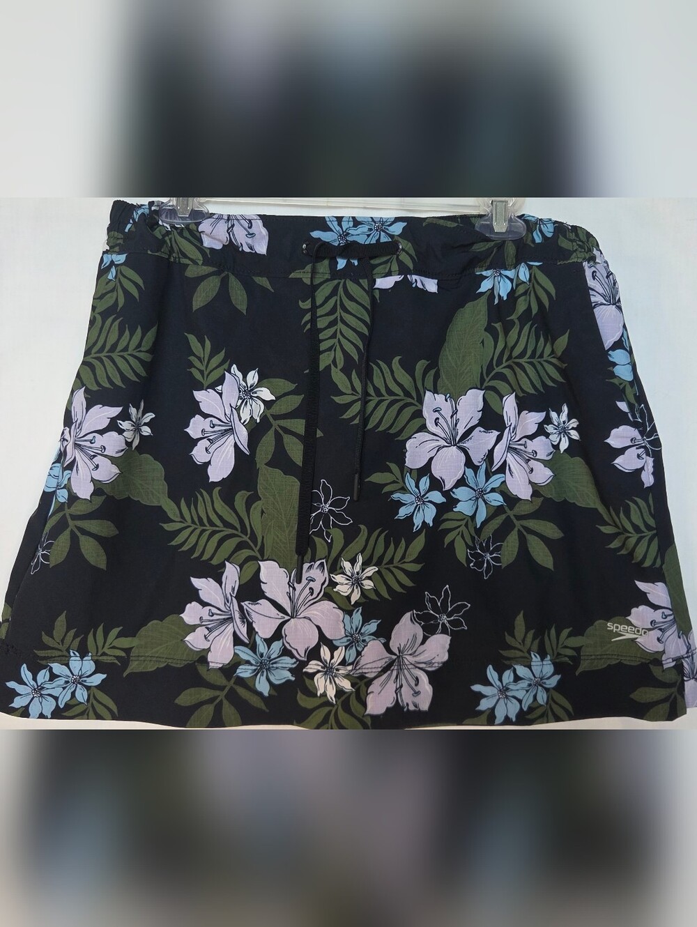Women's Speedo Black/Green Floral Athletic Swim Skort Pockets Sz L Beach Pool